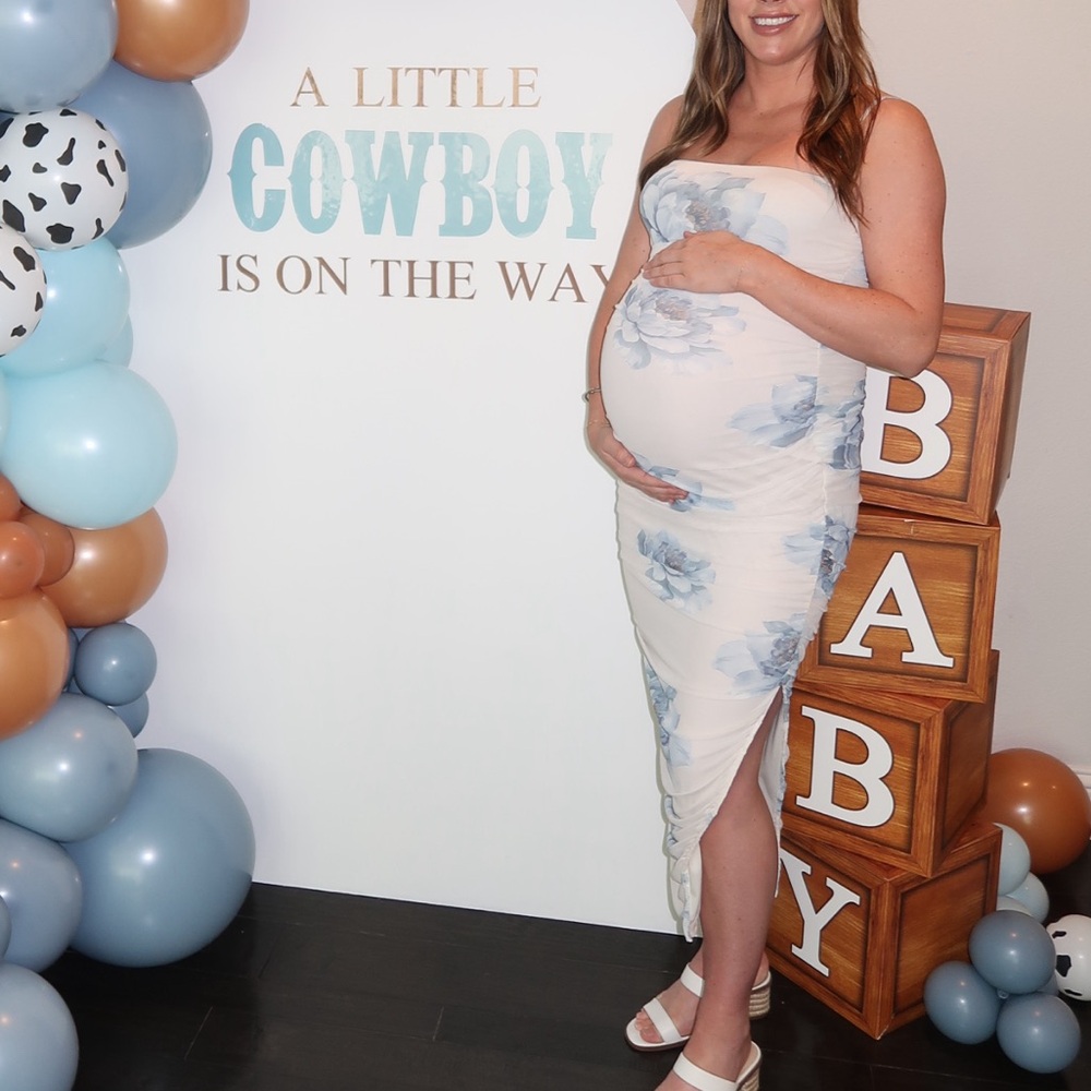 Maternity Blue and White Floral midi Dress- spaghetti straps- size large